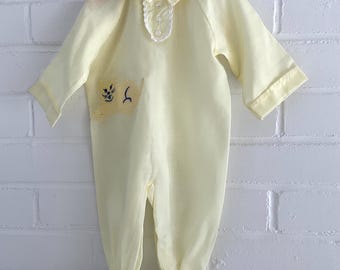 Vintage Baby Romper: Pale Yellow Footie, Cat Appliqué (6-12 Months)