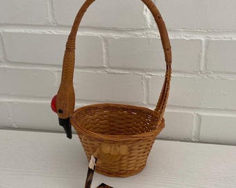 New With Tags Small Handle Duck Basket With Wood Beak, Eyes & Face-Colonial All-American Americana Southern Living Farmhouse Decorating