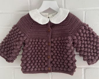 Handmade Classic Poet Purple/Plum Warm Heavy Layering Casual Crochet Bobble Stitch Front button Closure Cardigan Sweater Size 6-9 Months