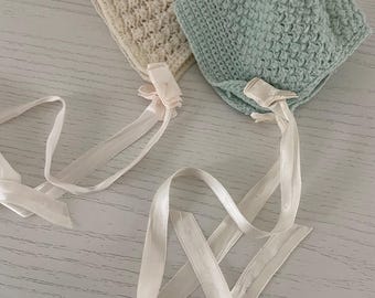 Vintage Crochet Infant Hats Set – Pastel Colors, Satin Ties