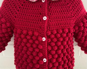 Baby Girls Poet Style Preppy Cozy Classic Red Warm Heavy Bobble Crochet Button Front Cardigan Sweater Size 6-9 Months