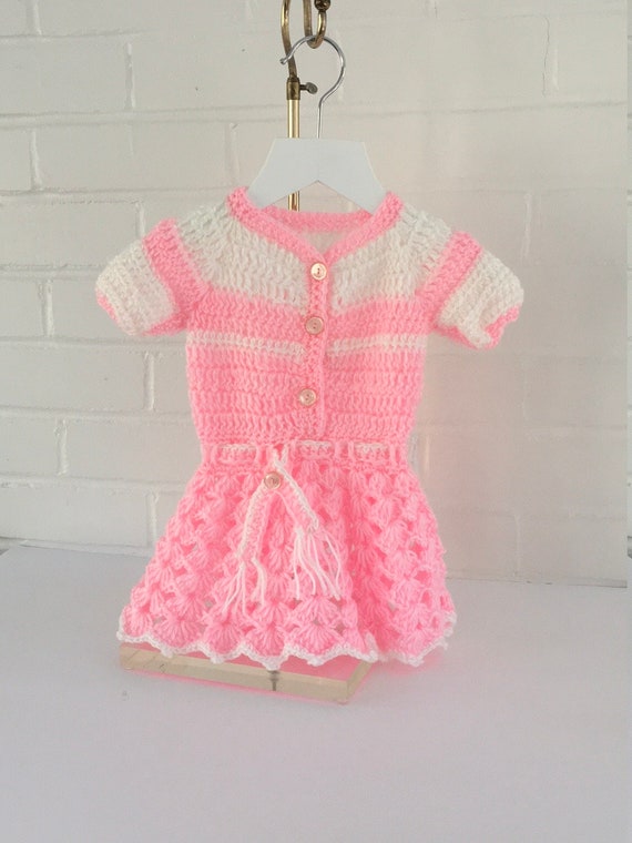 Crochet Pink  Baby Dress, Pink Toddler Dress, Vint