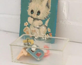 classic vintage old style baby nursery diaper station lucite acrylic trinket storage box with teddy bear lid