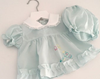 Vintage Light Blue Baby Dress with Panties, Embroidered Detail, 3 Months