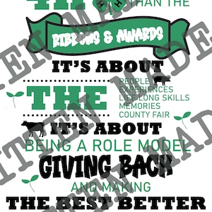 May include: A white graphic with green and black text promoting 4-H. The design includes the 4-H clover logo, the words "Ribbons & Awards," and phrases like "It's About Giving Back" and "Making the Best Better."