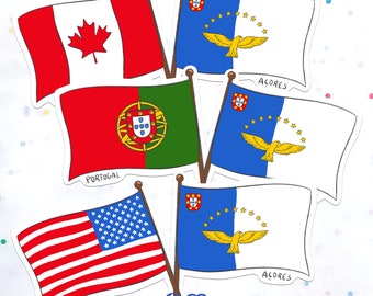 Azorean Sticker Pack de 6, autocollants brillants, autocollants. Drapeau des Açores, Drapeau des États-Unis, Drapeau du Canada, Drapeau du Portugal