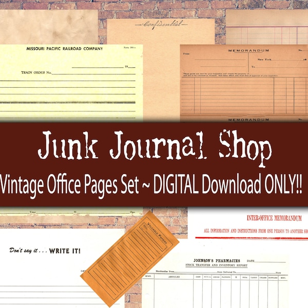 Vintage Ephemera Pages, 16 pages of print ready digital office, accounting, ledger, memo, order blanks & more!