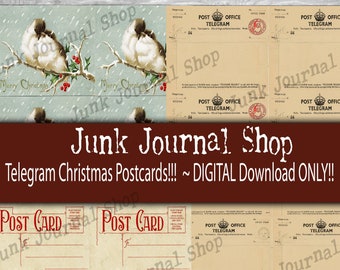 Kersttelegrampostkaarten, alleen DIGITALE download, kerstkaarten voor junkjournalen