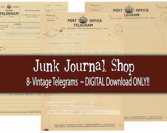 8 Vintage Telegrams, 4 pages, 2 per page, Digital telegrams, Vintage ephemera, Junk Journal Shop