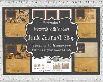 4 Printable Postcards with window & bonus ephemera page!- Digital Download Only!