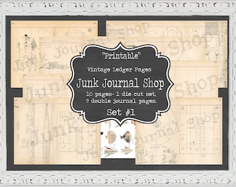 Printable set #1, Vintage ledger, 10 pages with pencil drawings, digital ledger pages, no physical item will be sent. Junk Journal Shop