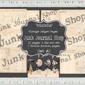 Printable set #2, Vintage ledger, 10 pages with pencil drawings, digital ledger pages, no physical item will be sent. Junk Journal Shop