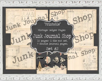 Printable set #2, Vintage ledger, 10 pages with pencil drawings, digital ledger pages, no physical item will be sent. Junk Journal Shop