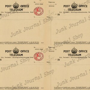 May include: Four vintage Post Office Telegram forms with a red and black stamp featuring a Santa Claus figure. The forms have the text "POST OFFICE TELEGRAM" printed in black and a crown above the text. The forms have lines for filling in the sender's and receiver's information, as well as the time the telegram was sent.