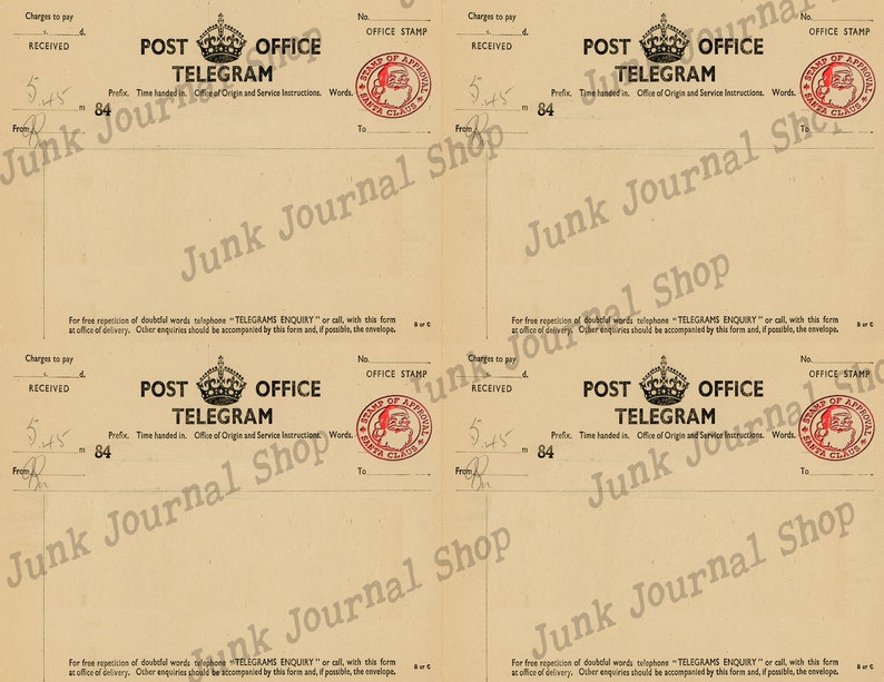 May include: Four vintage Post Office Telegram forms with a red and black stamp featuring a Santa Claus figure. The forms have the text "POST OFFICE TELEGRAM" printed in black and a crown above the text. The forms have lines for filling in the sender's and receiver's information, as well as the time the telegram was sent.