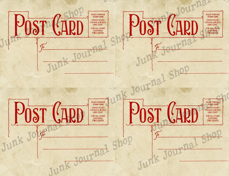 May include: Four vintage-style postcard templates with the text "POST CARD" in red lettering. Each template has a space for a stamp, an address, and a message.
