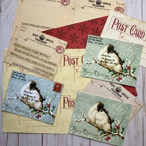 May include: Vintage Christmas postcards with a blue and white snowy scene featuring birds on a branch with red berries. The text "Merry Christmas" is printed on each card.