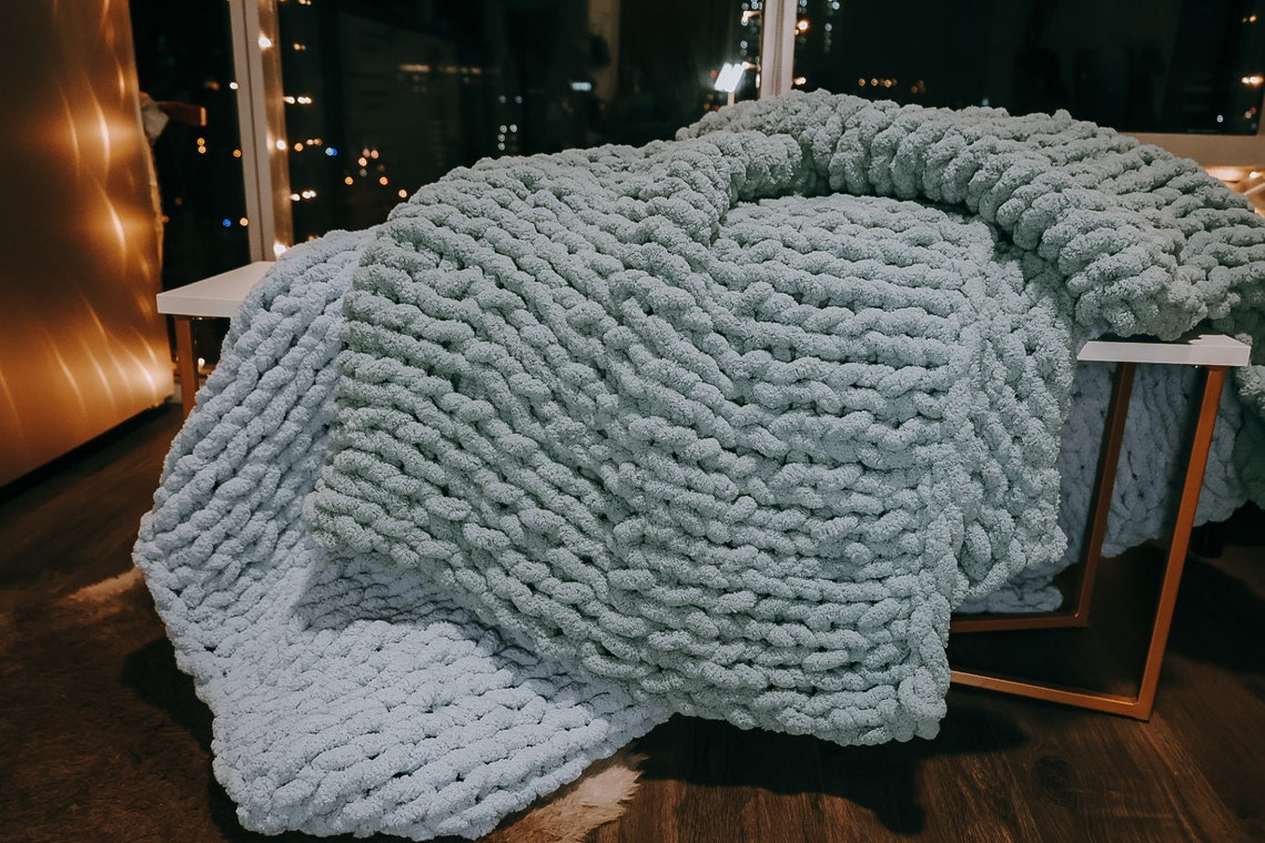 Sage Green Hand Knit Chunky Blanket Etsy