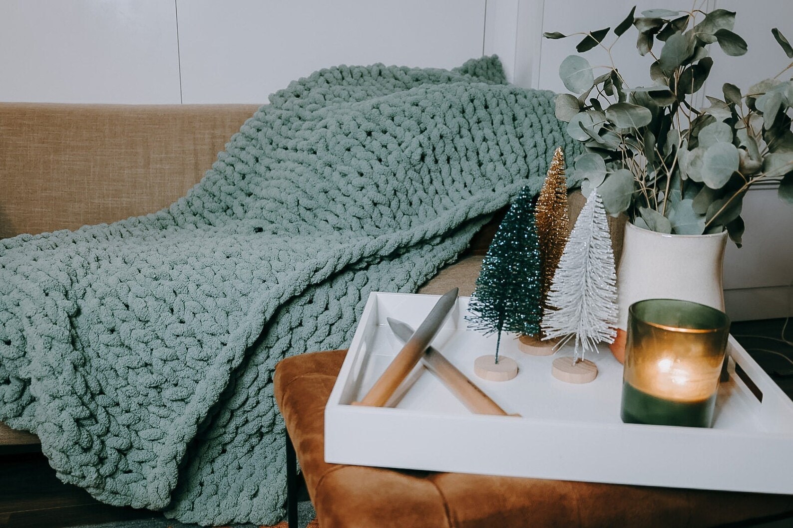 Sage Green Hand Knit Chunky Blanket Etsy