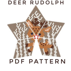 Puede incluir: Un patrón PDF para un adorno de estrella de cuentas con un reno con la nariz roja. El patrón se titula "DEER RUDOLPH" y "PDF PATTERN".