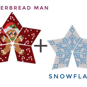 May include: Two beaded star ornaments, one red with a gingerbread man design and the other white with a blue snowflake design. The text "GINGERBREAD MAN + SNOWFLAKE" is below the ornaments.