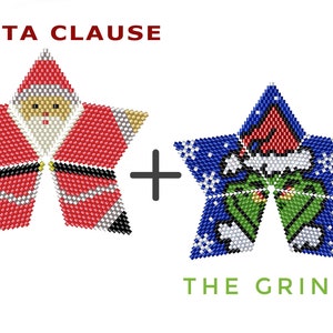 May include: Two star-shaped beaded ornaments, one depicting Santa Claus in red and white, and the other depicting the Grinch in green and blue, with the text "SANTA CLAUSE + THE GRINCH".