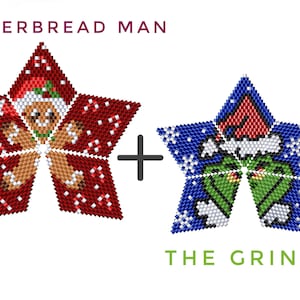 Set of 2 Christmas beaded peyote star tutorials, The Greench beaded star pattern, DIY Gingerbread man star