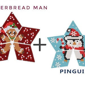 May include: Two star-shaped beading patterns, one with a gingerbread man wearing a Santa hat and the other with a penguin wearing a Santa hat. The text "GINGERBREAD MAN + PINGUIN" is below the patterns.