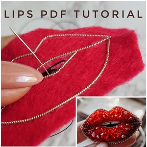 Peut inclure: Gros plan sur une base en feutre rouge avec un motif de lèvres en perles. La lèvre est bordée de perles dorées et l'intérieur est rempli de perles rouges. L'image montre une aiguille et du fil utilisés pour coudre les perles sur le feutre.