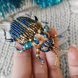 Beaded embroidered beetle brooch, Blue and gold insect pin, Korean bug jewelry