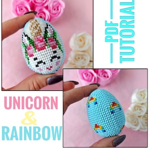 以下が含まれることがあります： ユニコーンと虹のデザインのビーズでできたイースターエッグが2つ。ユニコーンの卵は白地にピンク、緑、金のビーズ。虹の卵は薄い青地にカラフルなビーズ。PDFチュートリアル。
