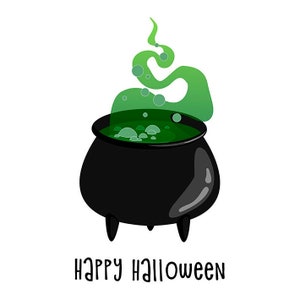 Puede incluir: Un caldero negro con líquido verde burbujeante y humo verde que sale de él. El texto "Happy Halloween" está escrito debajo del caldero.