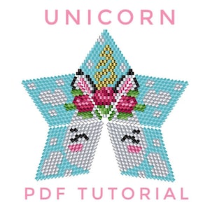 Puede incluir: Un tutorial en PDF para hacer una estrella de cuentas con forma de unicornio. La estrella está hecha con cuentas azules, blancas, plateadas, rosas, verdes y doradas. El unicornio tiene una flor rosa en la cabeza y un cuerno dorado.