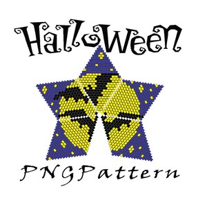 May include: A beading pattern for a star-shaped Halloween decoration. The star is made of yellow, blue, and black beads and features a spooky design. The pattern is labeled "PNG Pattern" and "Halloween".