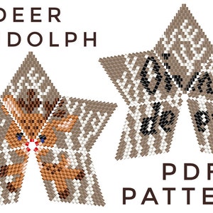 May include: A digital PDF pattern featuring two star-shaped designs. One star depicts Rudolph the Red-Nosed Reindeer, and the other reads "Give it or Get it". The designs are made with brown, white, and black beads.