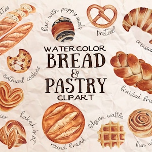 25 Acuarela pan y pastelería clipart Panadería PNG ilustración Brioche Pan Baguettes Croissants franceses Pastelería Desayuno Dulces Galletas Bollos