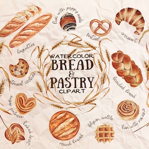 41 Acuarela pan y trigo clipart Panadería PNG ilustración Brioche Pan Baguettes Croissants franceses Pastelería Desayuno Dulces Galletas Bollos