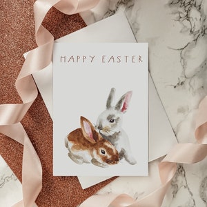 Carta stampabile coniglietti di buona Pasqua in formato SVG, biglietto di auguri conigli bianchi e marroni 5x7, busta stampabile