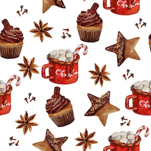 Weihnachtskaffeetasse und Süßigkeiten Musterdesign svg, Weihnachtsdruck png. Lebensmittel Illustration.
