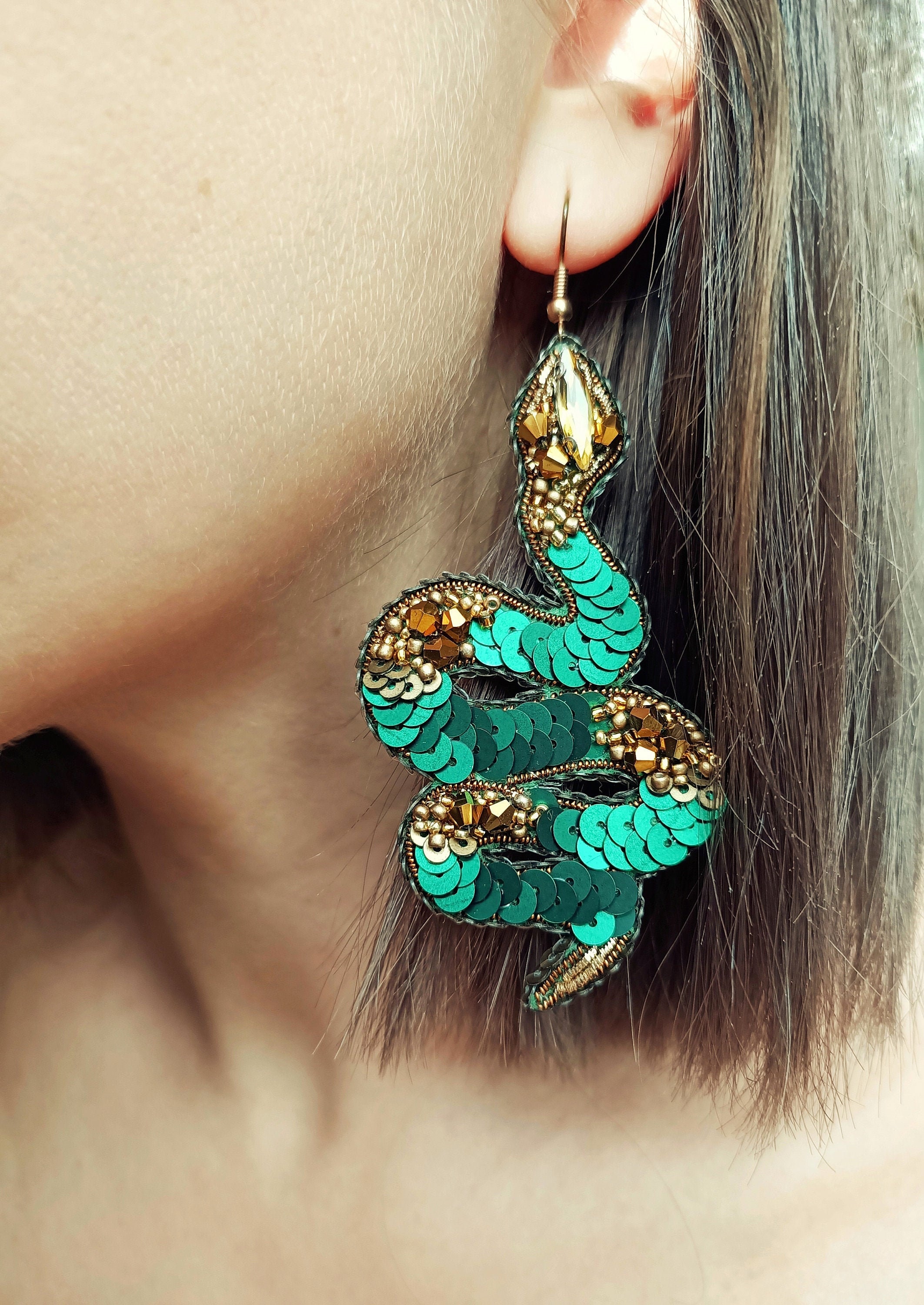 Beaded snake dangle earrings Punk handmade quirky earrings Etsy