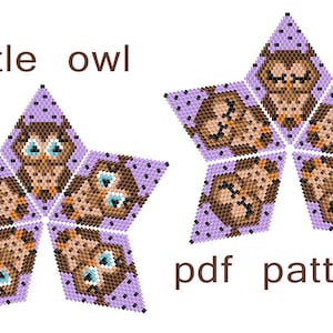 May include: Two star-shaped designs featuring owl faces made from small, colorful beads. The owls have brown and tan feathers, with blue eyes. The background is a light purple with small black dots. Text reads "little owl" and "pdf pattern".