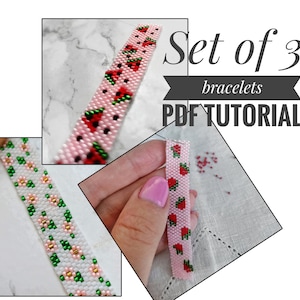 Puede incluir: Un conjunto de tres patrones de abalorios para pulseras, con sandía, flores y fresas. Los patrones se muestran en un tutorial PDF.  Set of 3 bracelets PDF TUTORIAL