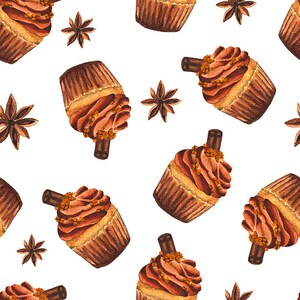 Aquarel kerst pompoen kruid cupcakes clipart png. Herfstbehang. Koffie muurkunst