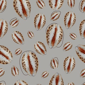 May include: A seamless pattern featuring a repeating design of brown and white cowrie shells on a light gray background.