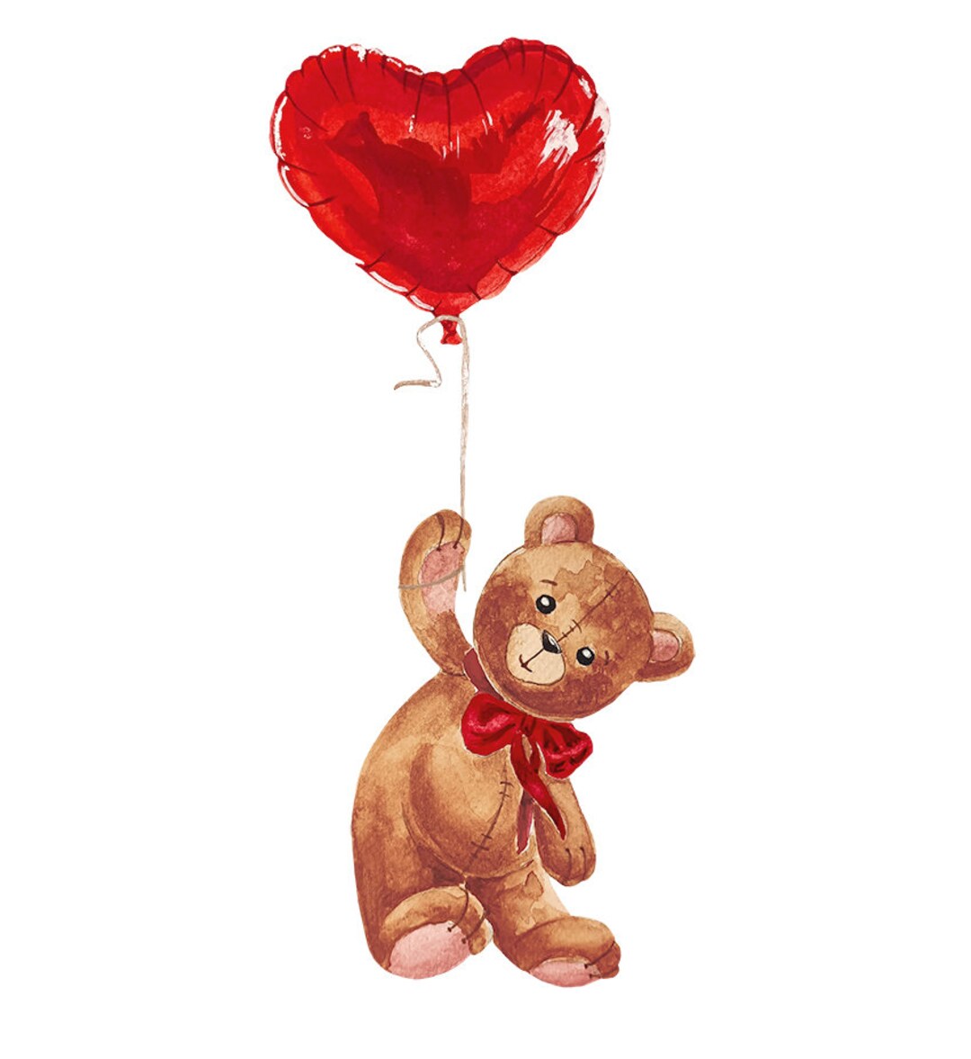 Watercolor Valentines Day Card Png. Teddy Bear With Red Heart Foil ...
