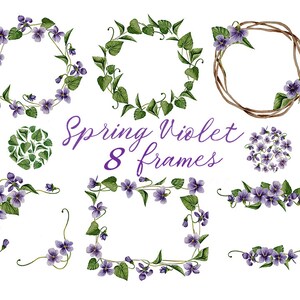 8 PNG Wiosna ramka clipart, Akwarela fioletowych kwiatów wieniec, Gotowe kwiatowe ramki, Tworzenie kartek, Botaniczne ramki gałęzi