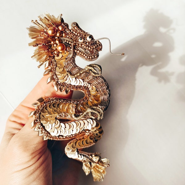 Beaded gold dragon pin, Embroidered Chinese Dragon Brooch, Very large brooch