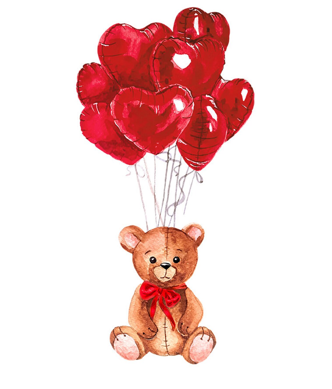 Watercolor Valentines Day Card Png. Teddy Bear With Red Heart Foil ...