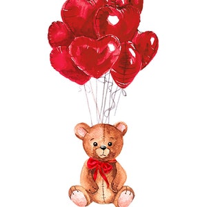 Aquarel Valentijnsdagkaart, png. Teddybeer met rood hart folieballonnen, png. Wereld zoendag.