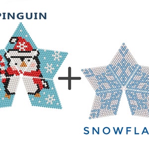 May include: Two star-shaped beading patterns, one with a penguin wearing a Santa hat and holding a candy cane, and the other with a snowflake design. The patterns are labeled "PENGUIN" and "SNOWFLAKE".